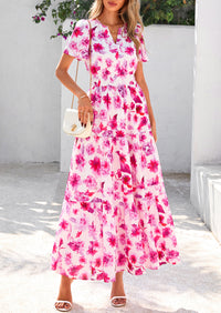 Boho Floral Short Sleeve V Neck A Line Tiered Ruffle Flowy Long Beach Vacation Maxi Dresses