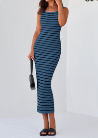 Casual Sleeveless Striped Ribbed Knit Beach Vacation Sundress Tank Midi Dress