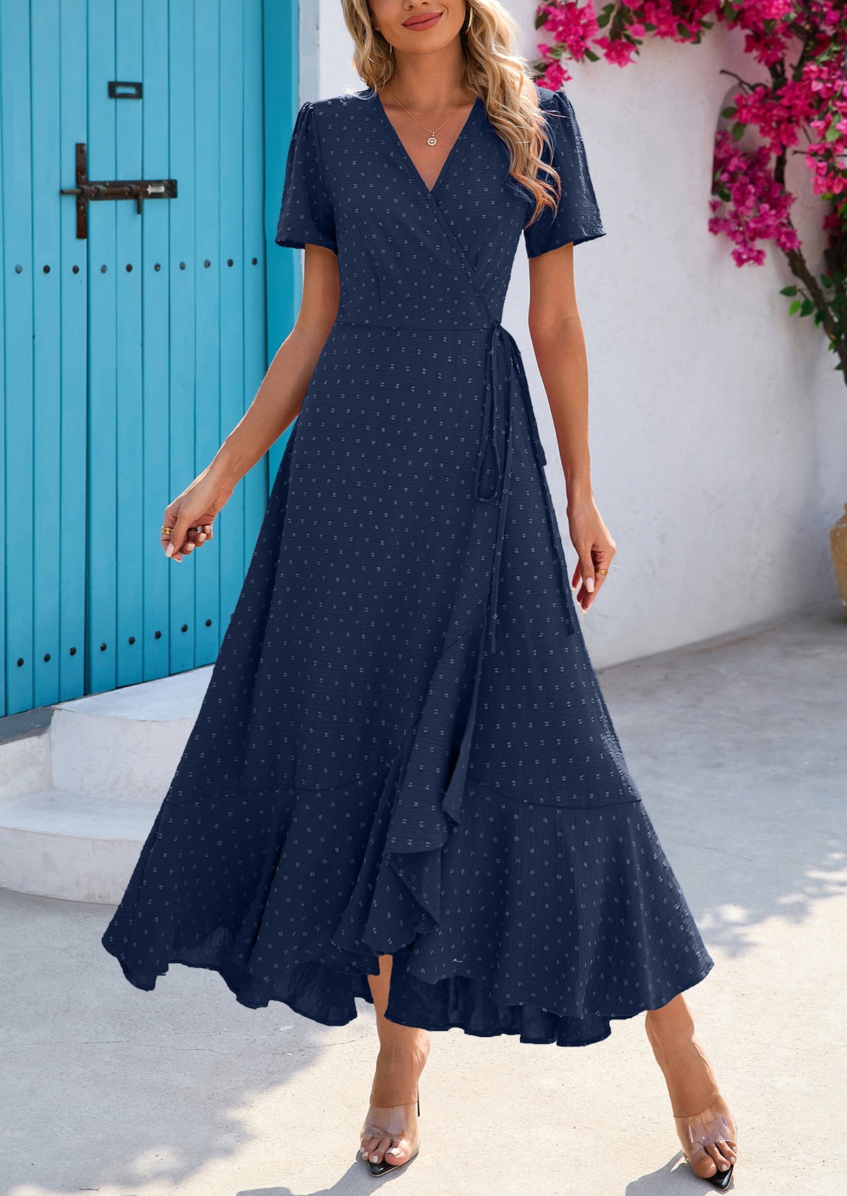 Leisure Bohemian Flower V-Neck Short Sleeved Ruffled Beach Long Skirt
