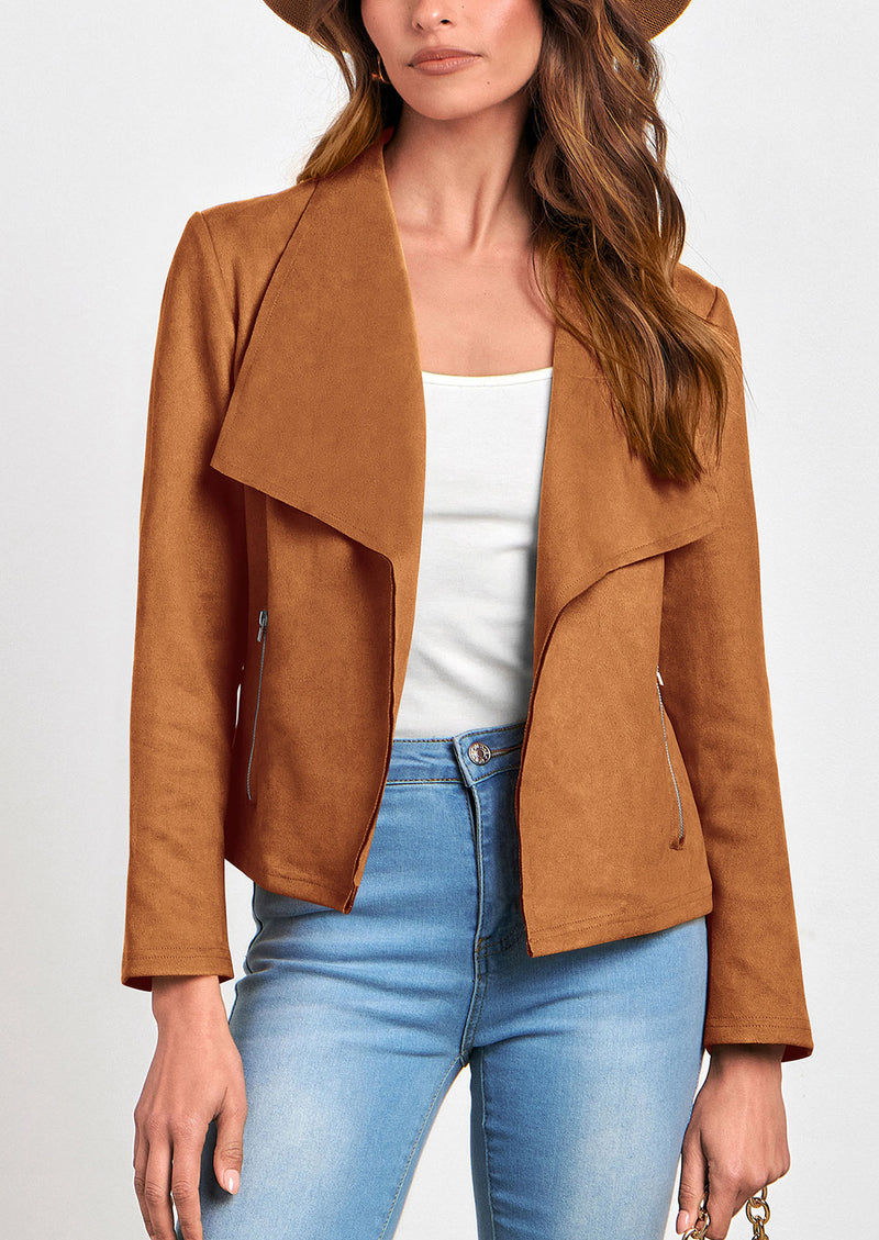 PRETTYGARDEN Women's Faux Suede Jackets Fashion Fall Clothes Long Sleeve Open Front Cropped Coat Outwear