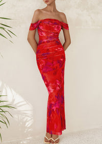 Ruched Bodycon Off Shoulder Floral Mesh Cocktail Party Fitted Maxi Dress