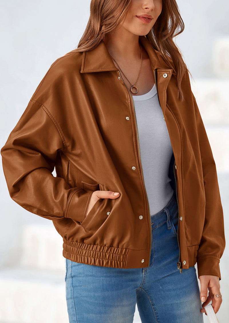 PRETTYGARDEN Women's Faux Leather Motorcycle Jacket Trendy Fall Spring Clothes Oversized Zip Up Winter Coat Outerwear