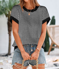 Short Sleeve Round Neck Striped Pullover Cap Sleeve Knit T-shirt
