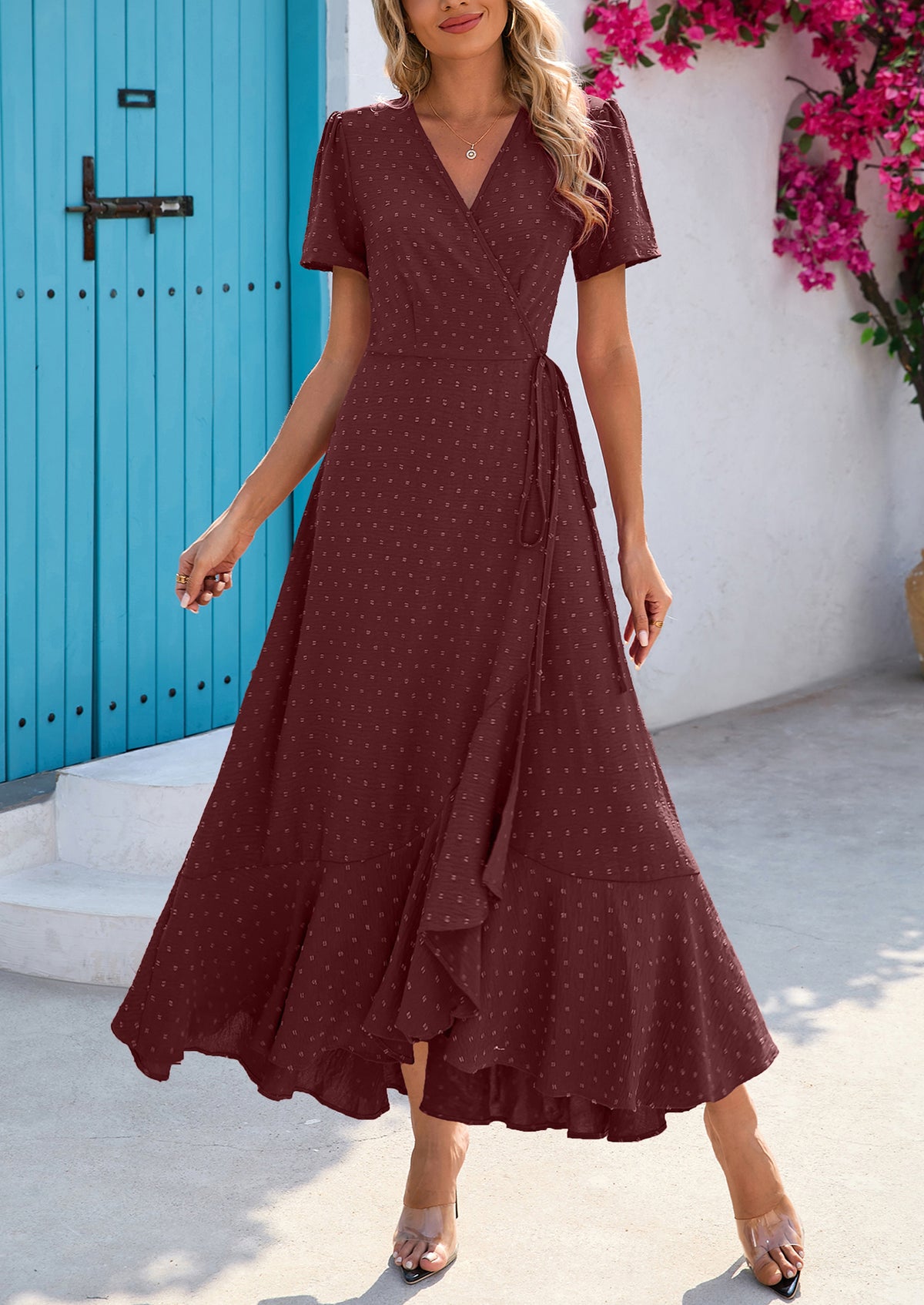 Leisure Bohemian Flower V-Neck Short Sleeved Ruffled Beach Long Skirt