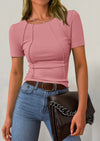 KIRUNDO Ribbed Short Sleeve Tops for Women Summer Casual Crew Neck Cute Crop Basic Tees Slim Fit Exposed Seams T Shirts