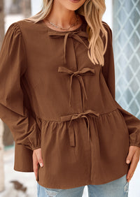 Babydoll Peplum Puff Long Sleeve Bow Tie Front Y2K Blouses