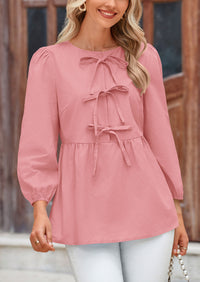 Babydoll Trendy 3/4 Length Puff Sleeve Bow Tie Front Cute Peplum Blouses