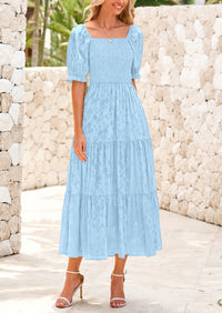 Casual Square Neck Short Sleeve Smocked A Line Floral Flowy Elegant Boho Midi Dresses
