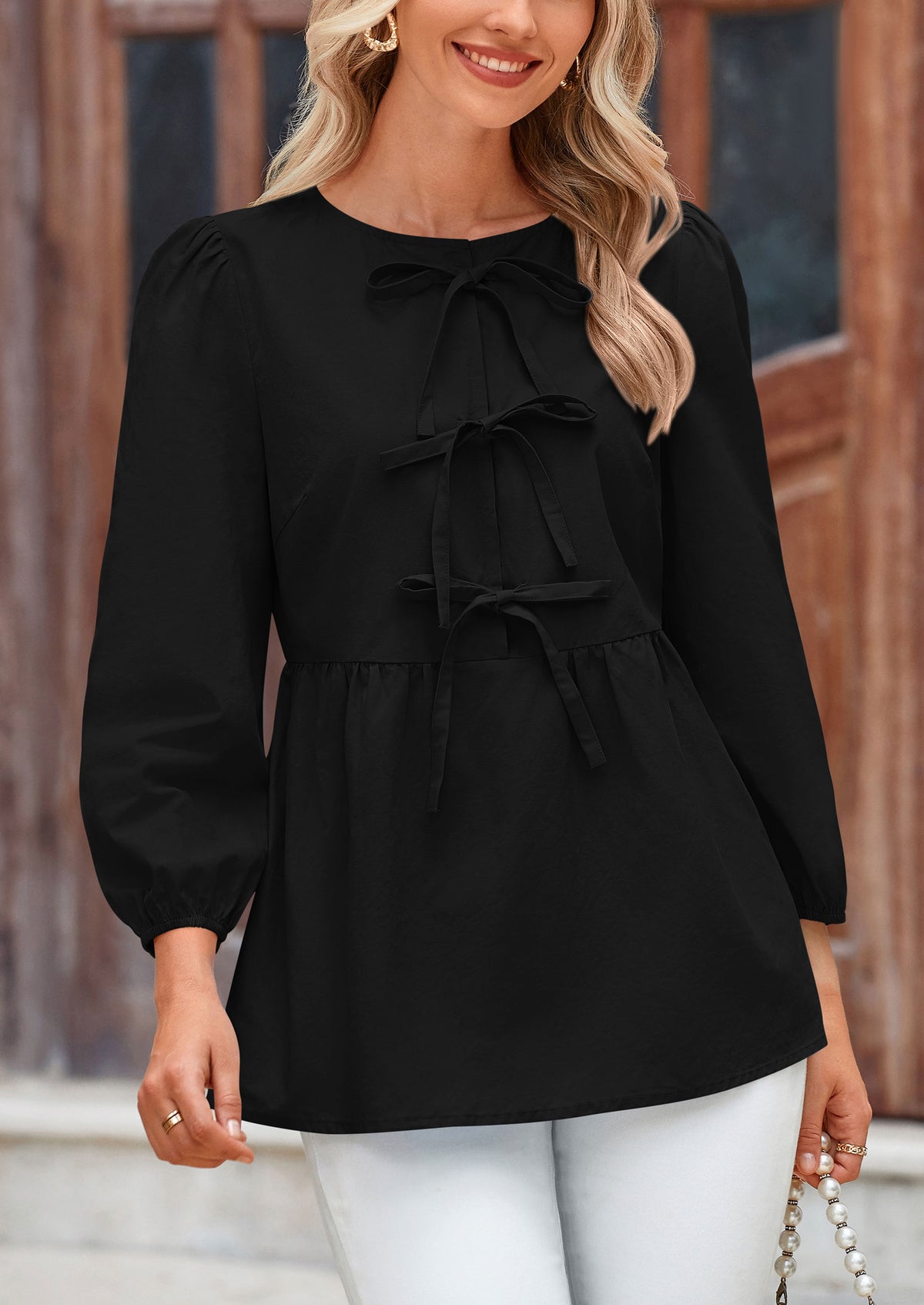 Babydoll Trendy 3/4 Length Puff Sleeve Bow Tie Front Cute Peplum Blouses