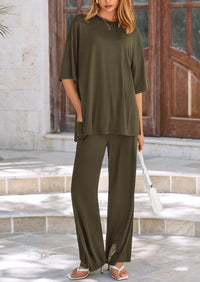 Short Sleeve Pullover Tops And Wide Leg Pants Two Piece Sets
