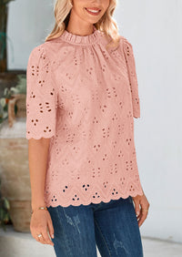 Short Sleeve Eyelet Embroidered Dressy Casual Blouse