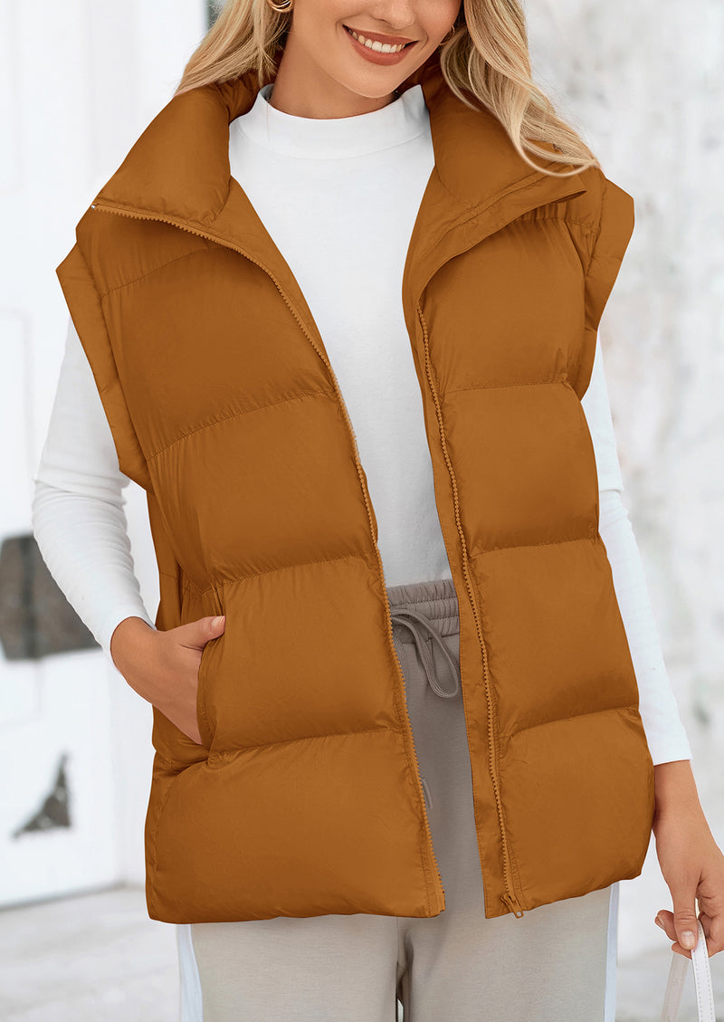 Casual Stand Collar Lightweight Sleeveless Zip Up Padded Coats