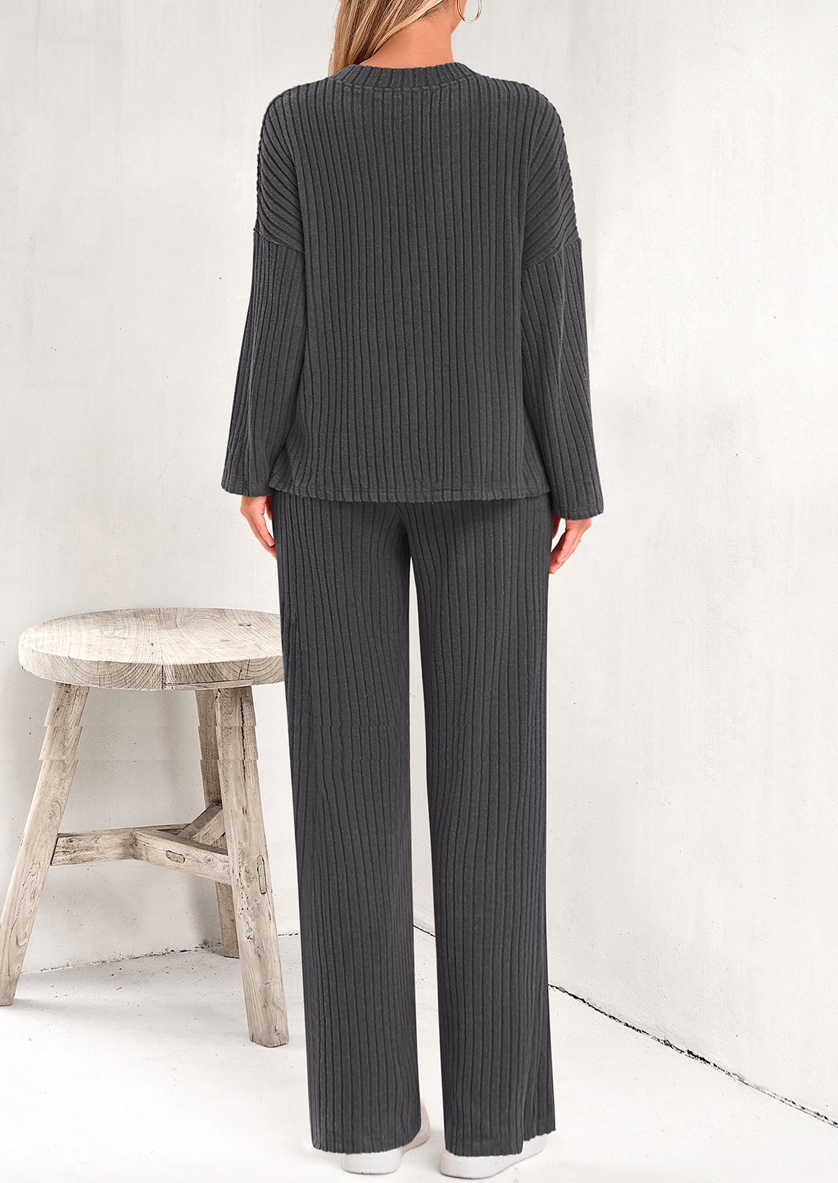 Knitted Long Sleeved V-Neck Pullover, Wide Leg Long Pants Two-Piece Set
