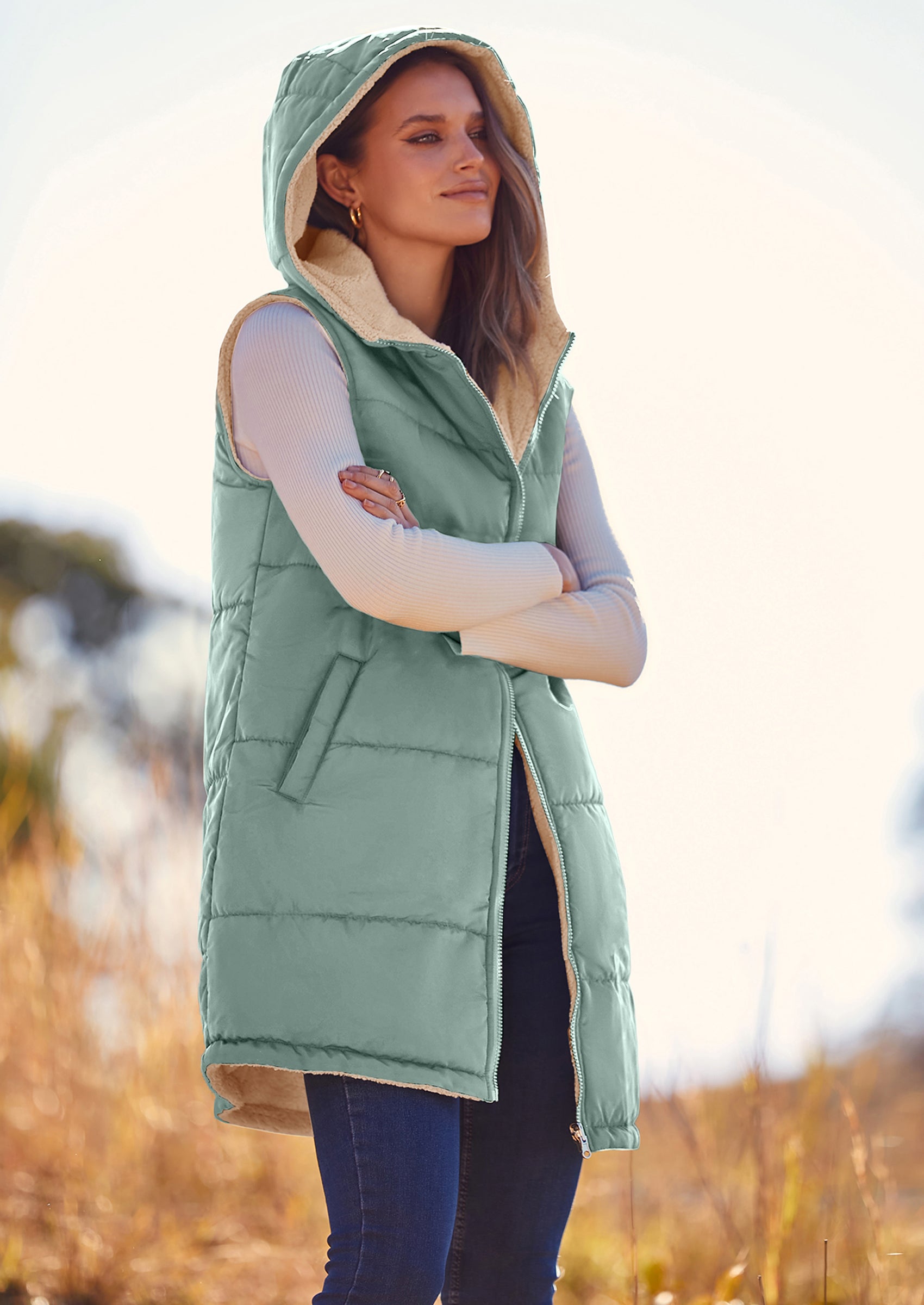PRETTYGARDEN Womens Fall Reversible Vests Sleeveless Fleece Jacket Zip Up Hoodie Pockets Long Warm Winter Coat Outerwear