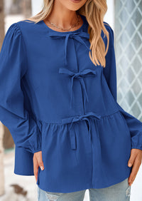 PRETTYGARDEN Women's Spring Fall Babydoll Peplum Blouse Shirt Puff Long Sleeve Bow Tie Front Trendy Cute Y2K Going Out Tops