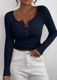 Long Sleeved V-Neck Button Slim Knit Solid Color Casual Shirt