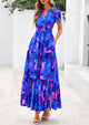 Boho Floral Short Sleeve V Neck A Line Tiered Ruffle Flowy Long Beach Vacation Maxi Dresses