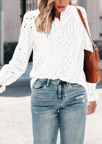 Puff Long Sleeve Button V Neck Hollow Out Lace Embroidered Casual Pullover Blouses