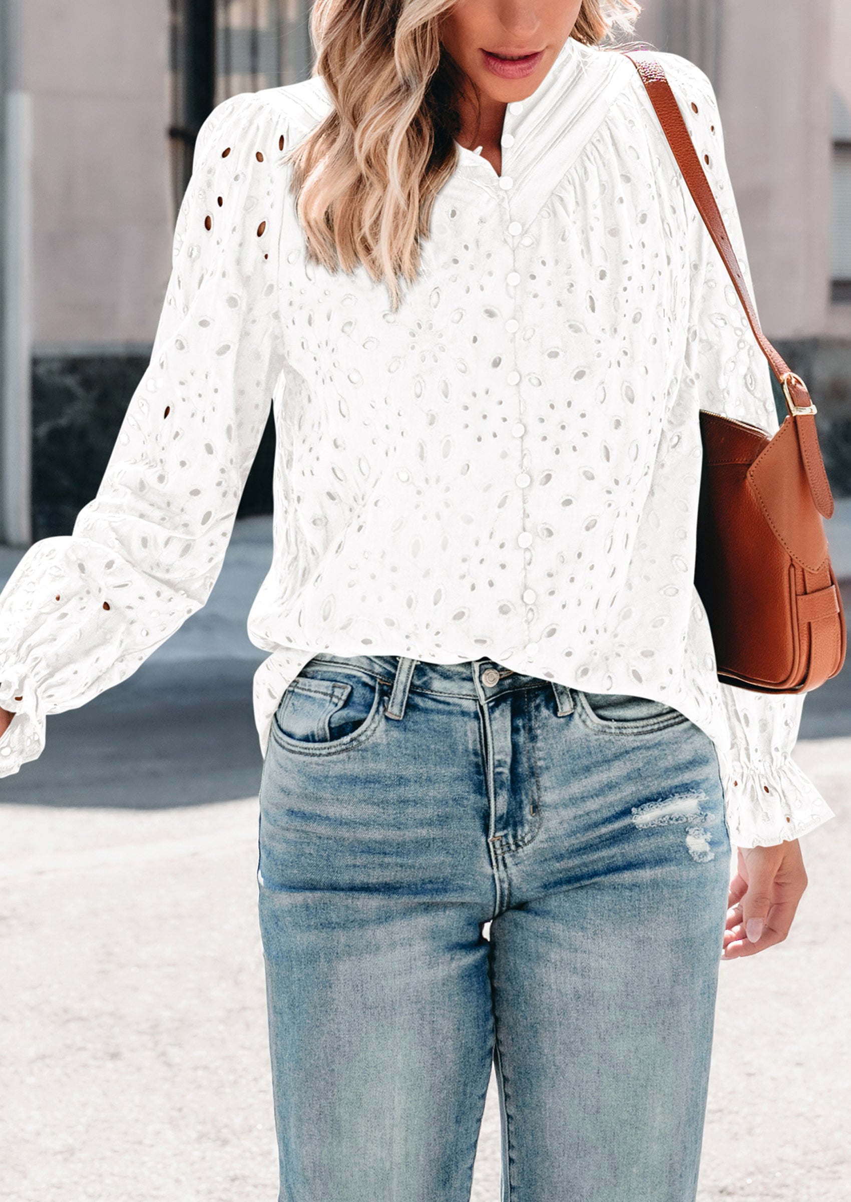 Puff Long Sleeve Button V Neck Hollow Out Lace Embroidered Casual Pullover Blouses