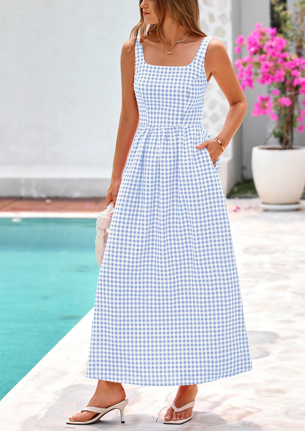 Spaghetti Strap  Plaid Square Neck A Line Smocked Casual Vacation Maxi Dresses