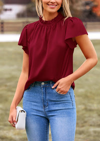 Satin Dressy Casual Ruffle Short Sleeve Crew Neck Work Party Blouses
