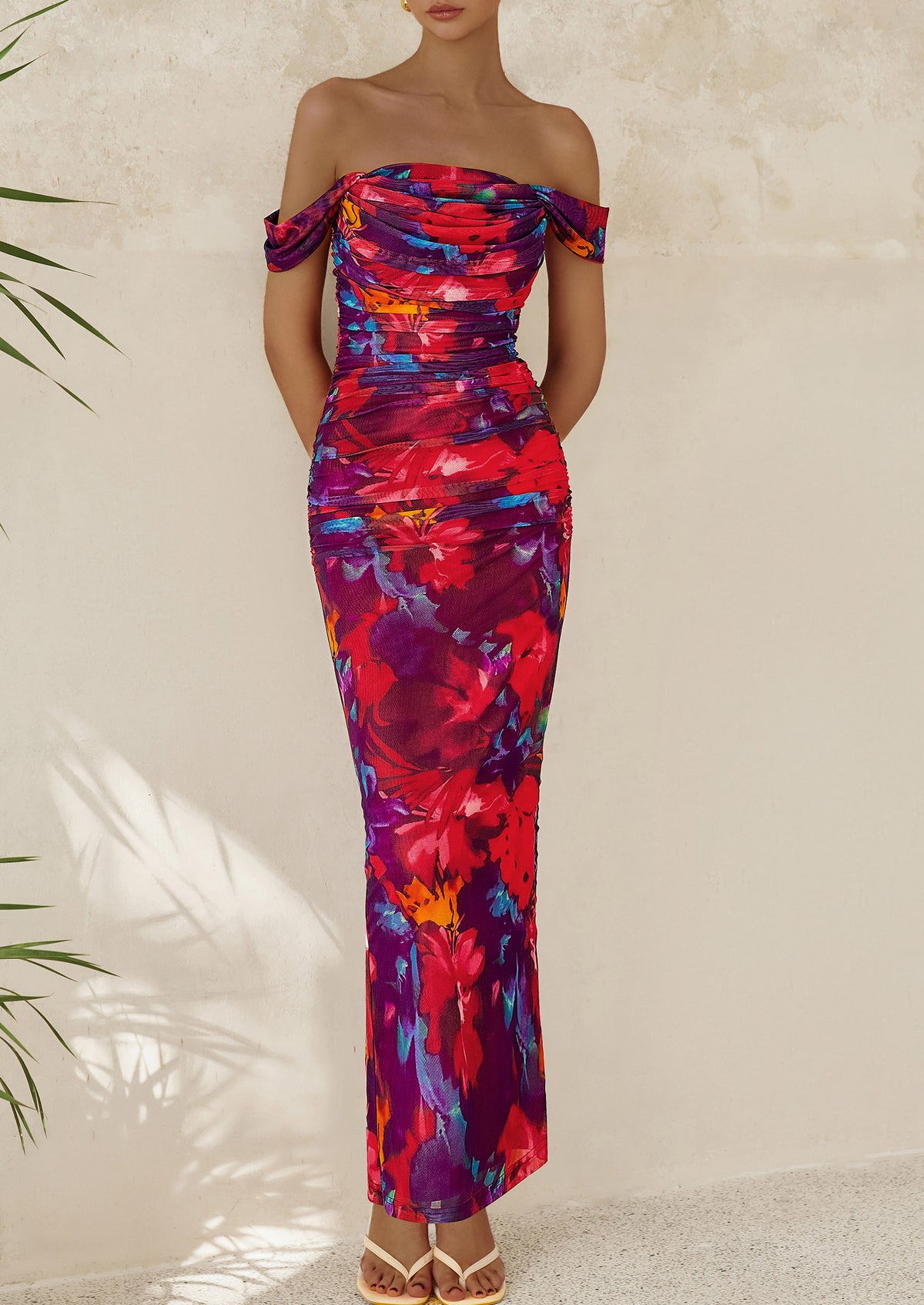 Ruched Bodycon Off Shoulder Floral Mesh Cocktail Party Fitted Maxi Dress
