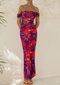 Ruched Bodycon Off Shoulder Floral Mesh Cocktail Party Fitted Maxi Dress