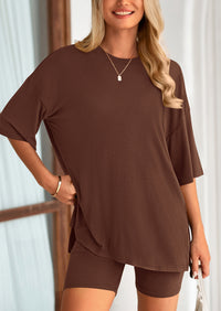 Casual Short Sleeved Round Neck Top Paired With Shorts Two-Piece Set
