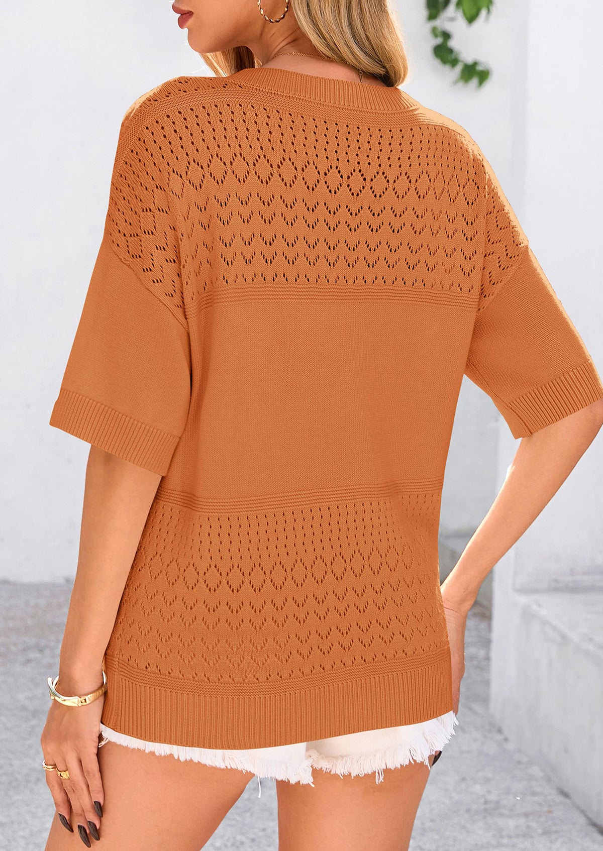 Short Sleeved Casual V-Neck Knitted Small Eye Shirt