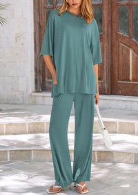 Short Sleeve Pullover Tops And Wide Leg Pants Two Piece Sets
