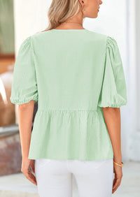 Striped Round Neck Front, Lace Up Bubble Sleeves Tops