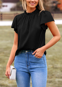 Satin Dressy Casual Ruffle Short Sleeve Crew Neck Work Party Blouses