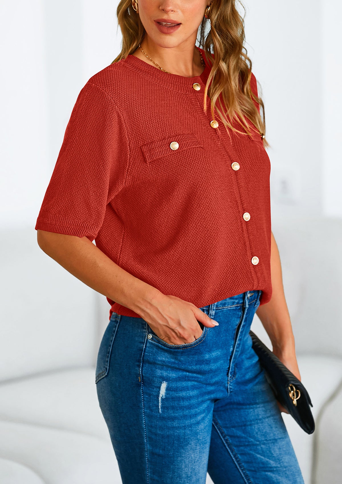 Button Down Casual Short Sleeve Crew Neck Ribbed Knit Shirts