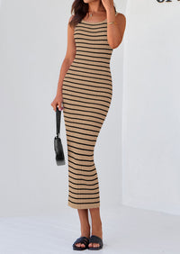 Casual Sleeveless Striped Ribbed Knit Beach Vacation Sundress Tank Midi Dress