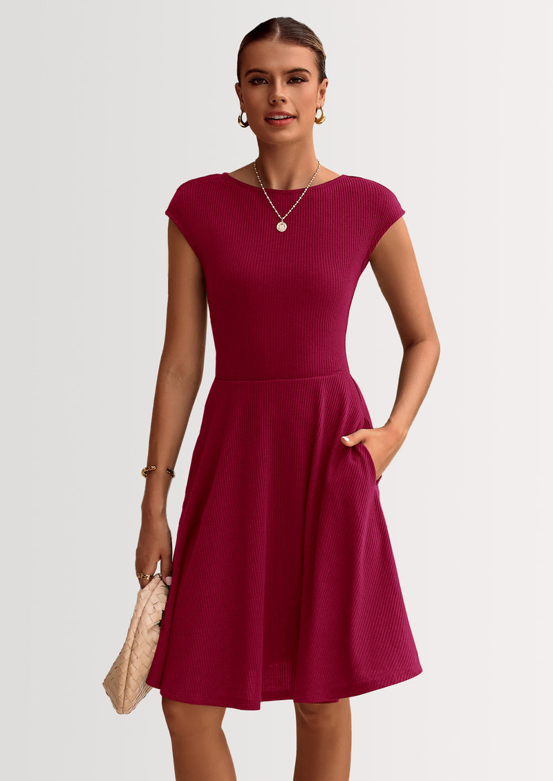 PRETTYGARDEN Womens Short Summer Dress Crewneck Cap Sleeve Ribbed Knit Casual Flowy A Line Mini Sundresses with Pockets