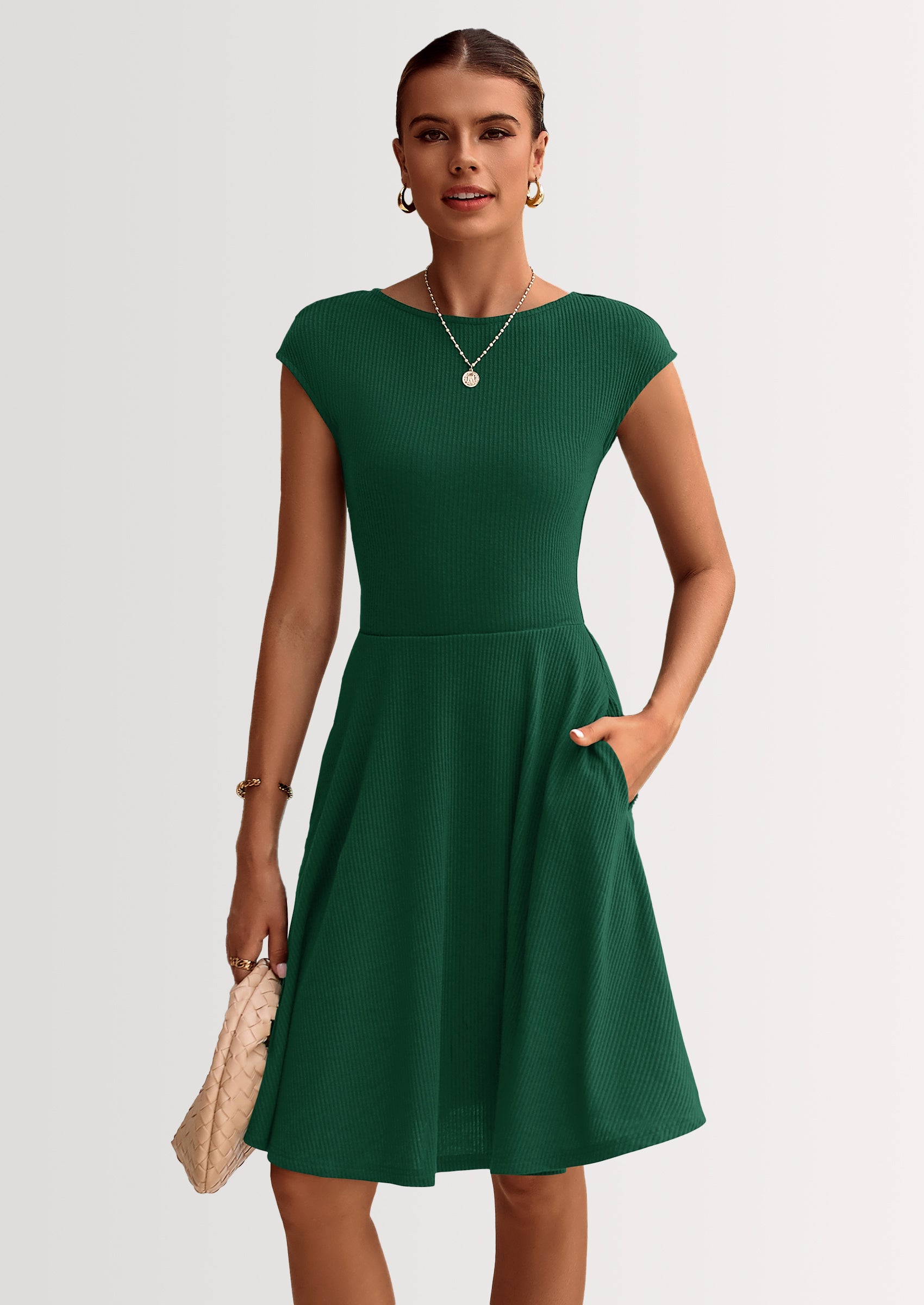 PRETTYGARDEN Womens Short Summer Dress Crewneck Cap Sleeve Ribbed Knit Casual Flowy A Line Mini Sundresses with Pockets