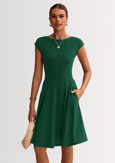 PRETTYGARDEN Womens Short Summer Dress Crewneck Cap Sleeve Ribbed Knit Casual Flowy A Line Mini Sundresses with Pockets