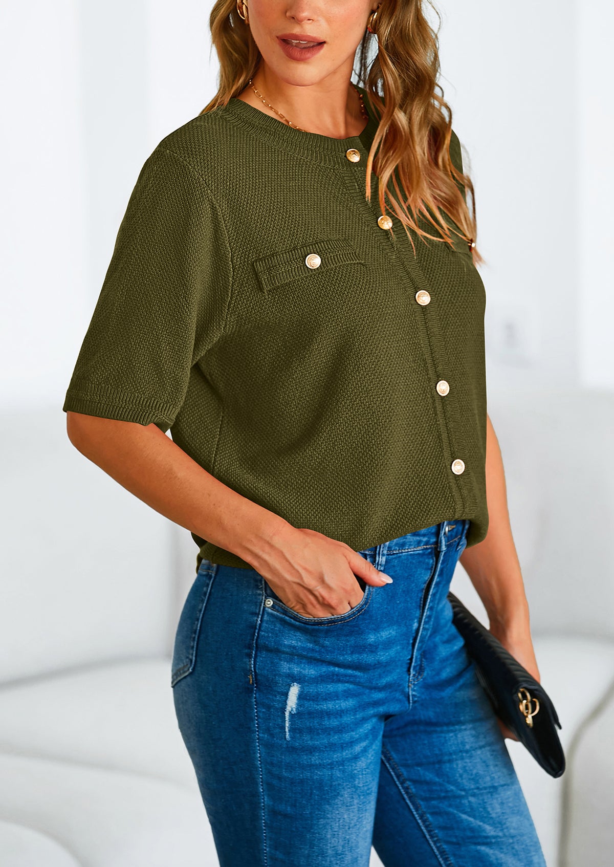 Button Down Casual Short Sleeve Crew Neck Ribbed Knit Shirts