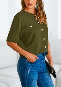 Button Down Casual Short Sleeve Crew Neck Ribbed Knit Shirts