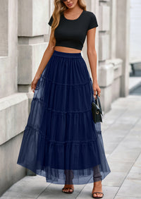 PRETTYGARDEN Maxi Skirts for Women Fall Tulle High Waisted Ruffle Flowy A-Line Long Skirt Country Concert Outfits