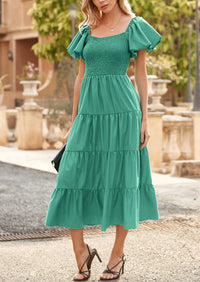Casual Short Sleeved Square Neck Layered Pleated Dress