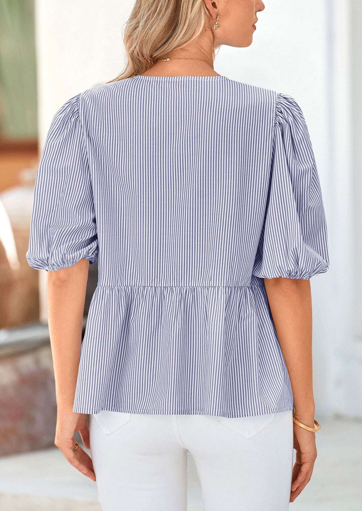 Striped Round Neck Front, Lace Up Bubble Sleeves Tops