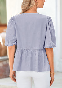 Striped Round Neck Front, Lace Up Bubble Sleeves Tops