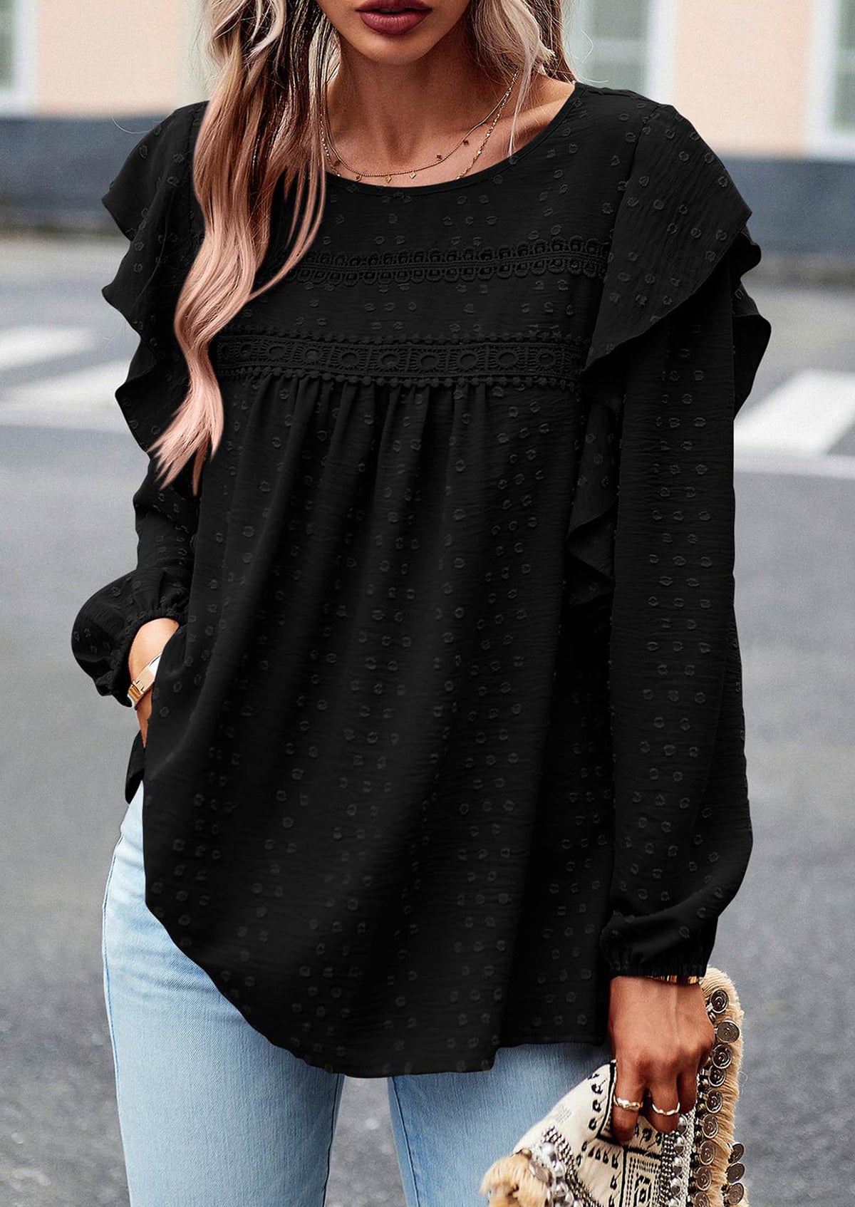 Long Sleeved Casual Round Neck Bohemian Blouses