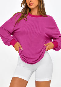 Long Sleeve Casual Loose Crew Neck Ribbed Blouse
