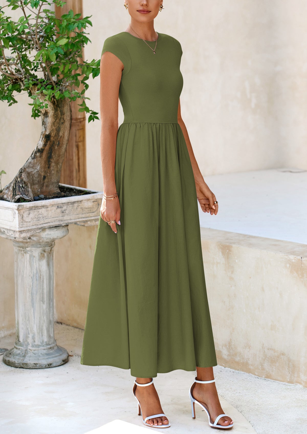 Casual Cap Sleeve Patchwork A Line Flowy Elegant Homecoming Maxi Dress