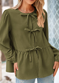 Babydoll Peplum Puff Long Sleeve Bow Tie Front Y2K Blouses