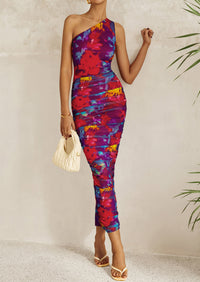 One Shoulder Bodycon Printed Ruched Mesh Party Cocktail Fitted Long Dress