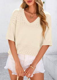 Short Sleeved Casual V-Neck Knitted Small Eye Shirt