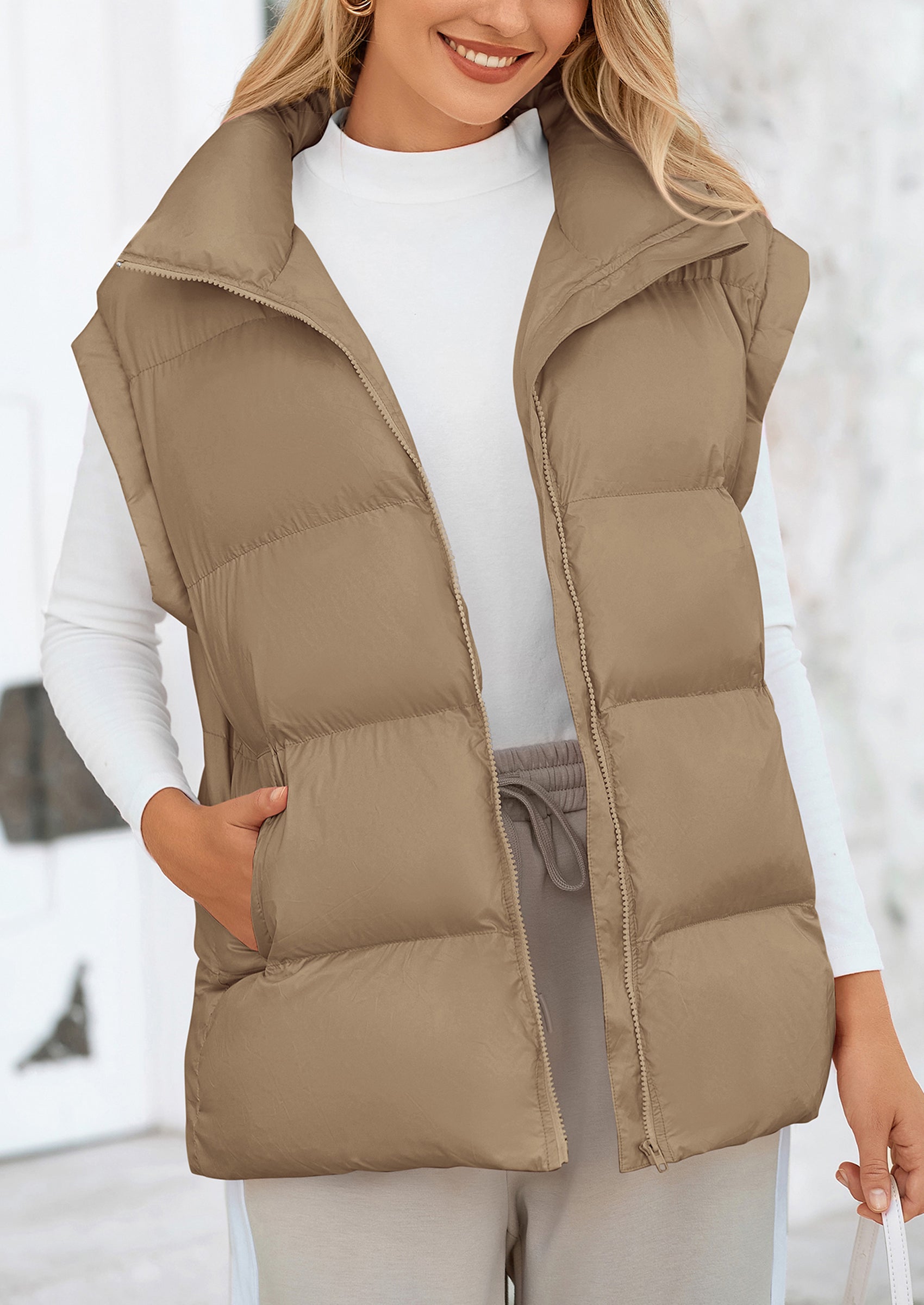 Casual Stand Collar Lightweight Sleeveless Zip Up Padded Coats